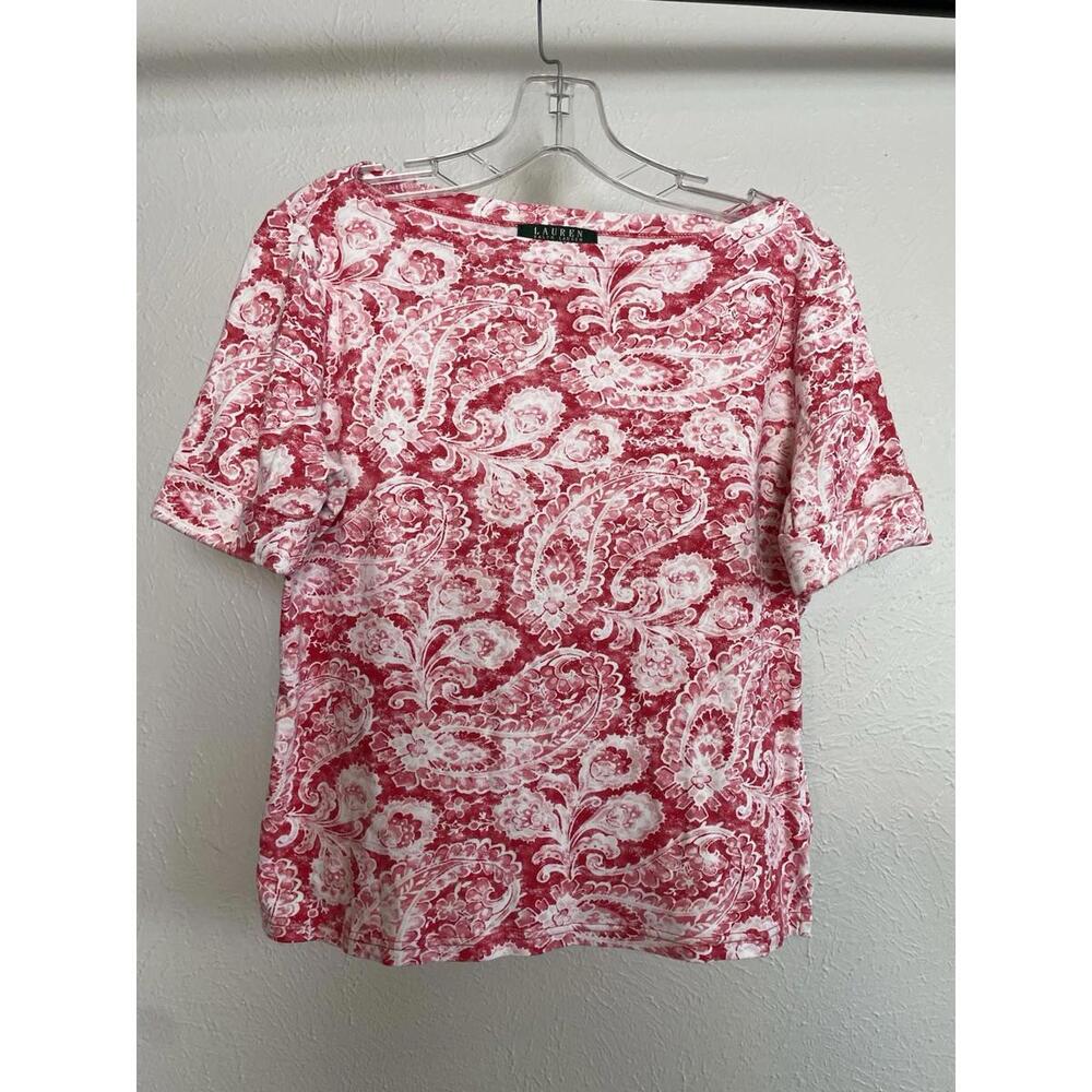 Lauren Ralph Lauren Women’s Red Pink White Paisley L Petite Short Sleeve Shirt